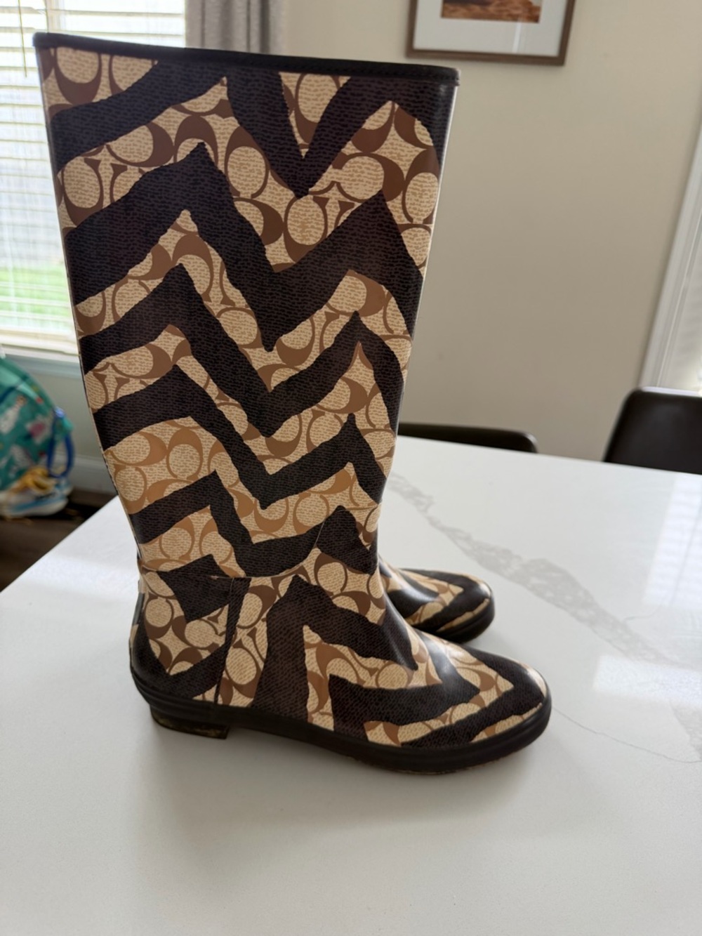 Coach Boots Womens Sz 8 PAMMIE ZEBRA SIGNATURE Rain Rubber KHAKI - Picture 6 of 6